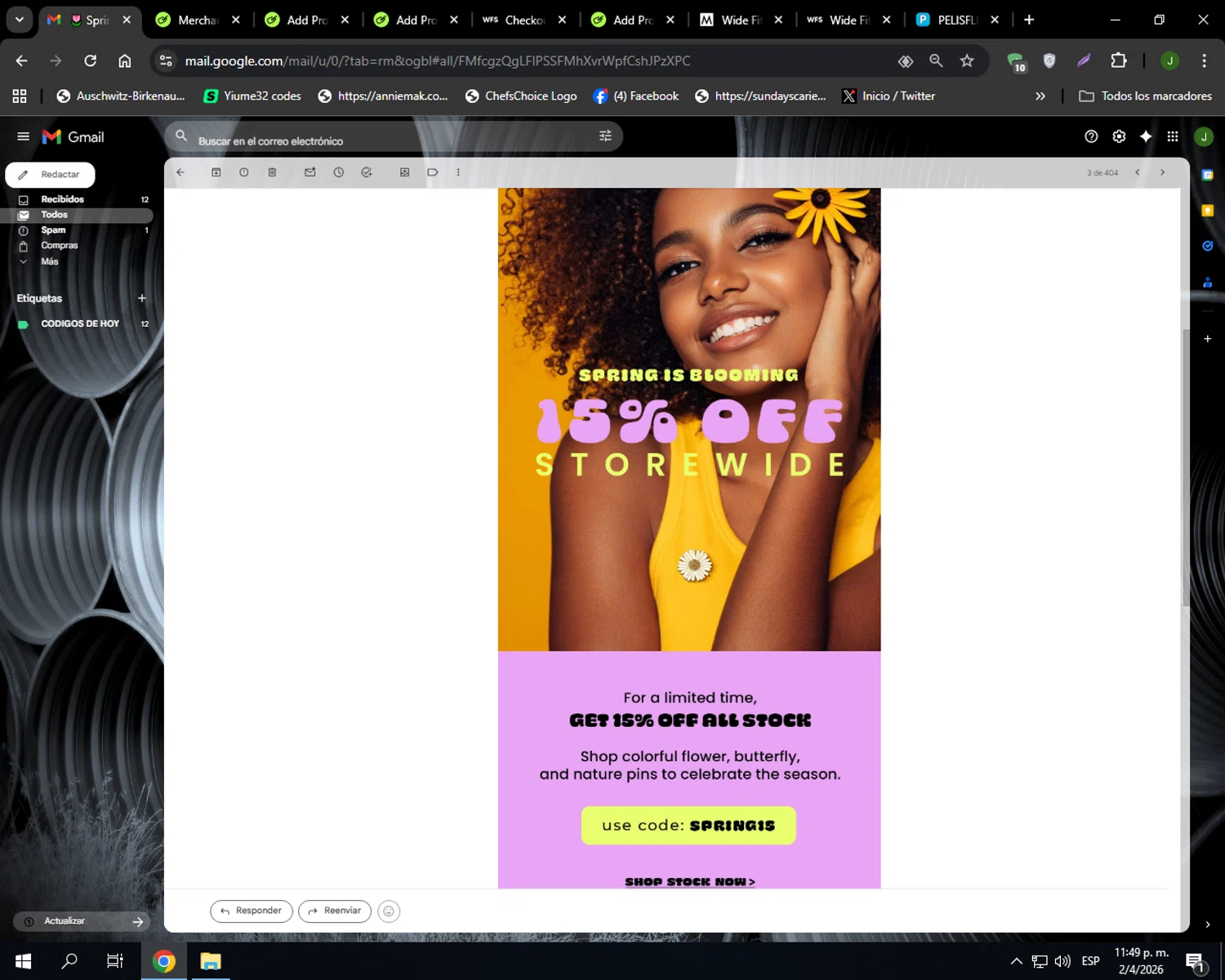 PinMart promo code screenshot showing code SPRING15 applied at PinMart checkout page. Uploaded by SimplyCodes community member Codehunter on Apr 3, 2026