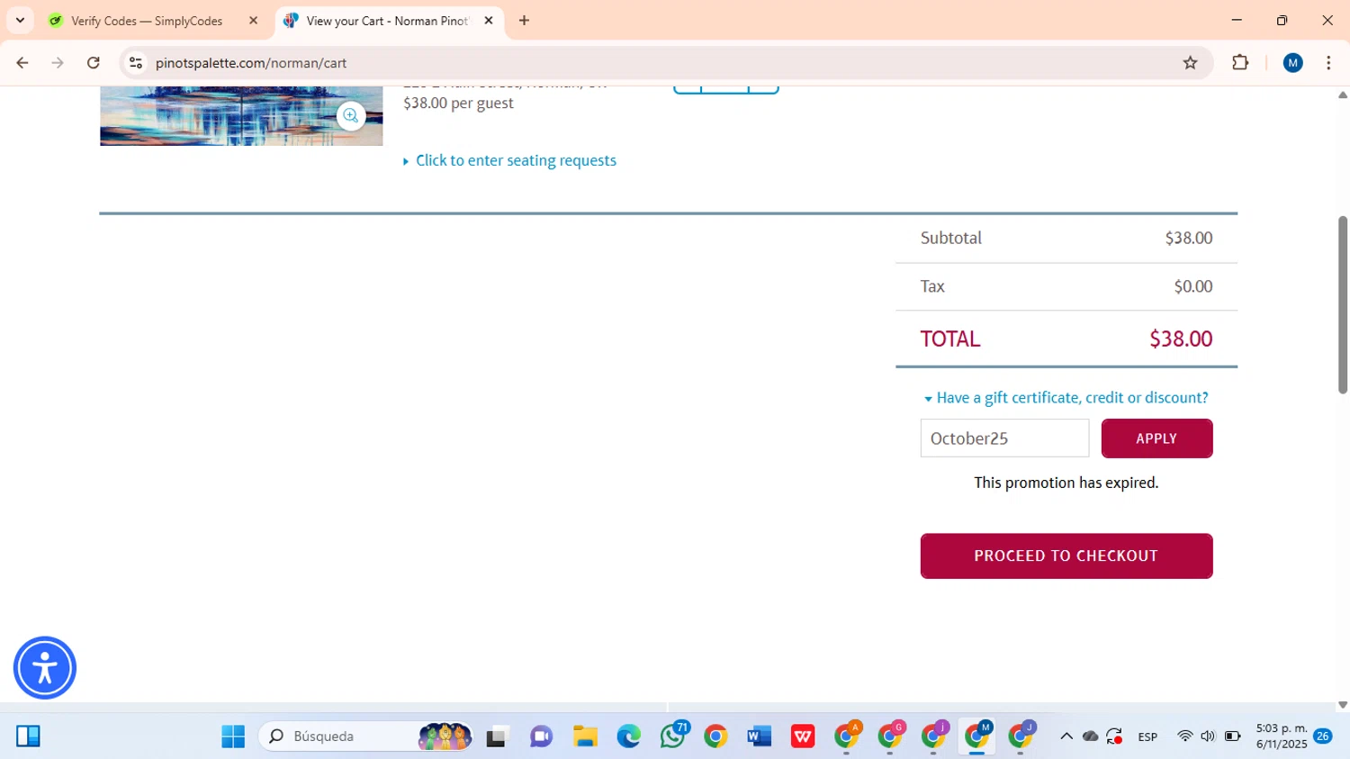 Pinot's Palette discount code screenshot showing code October25 applied at Pinot's Palette checkout page. Uploaded by SimplyCodes community member BrilliantLion8135 on Nov 6, 2025