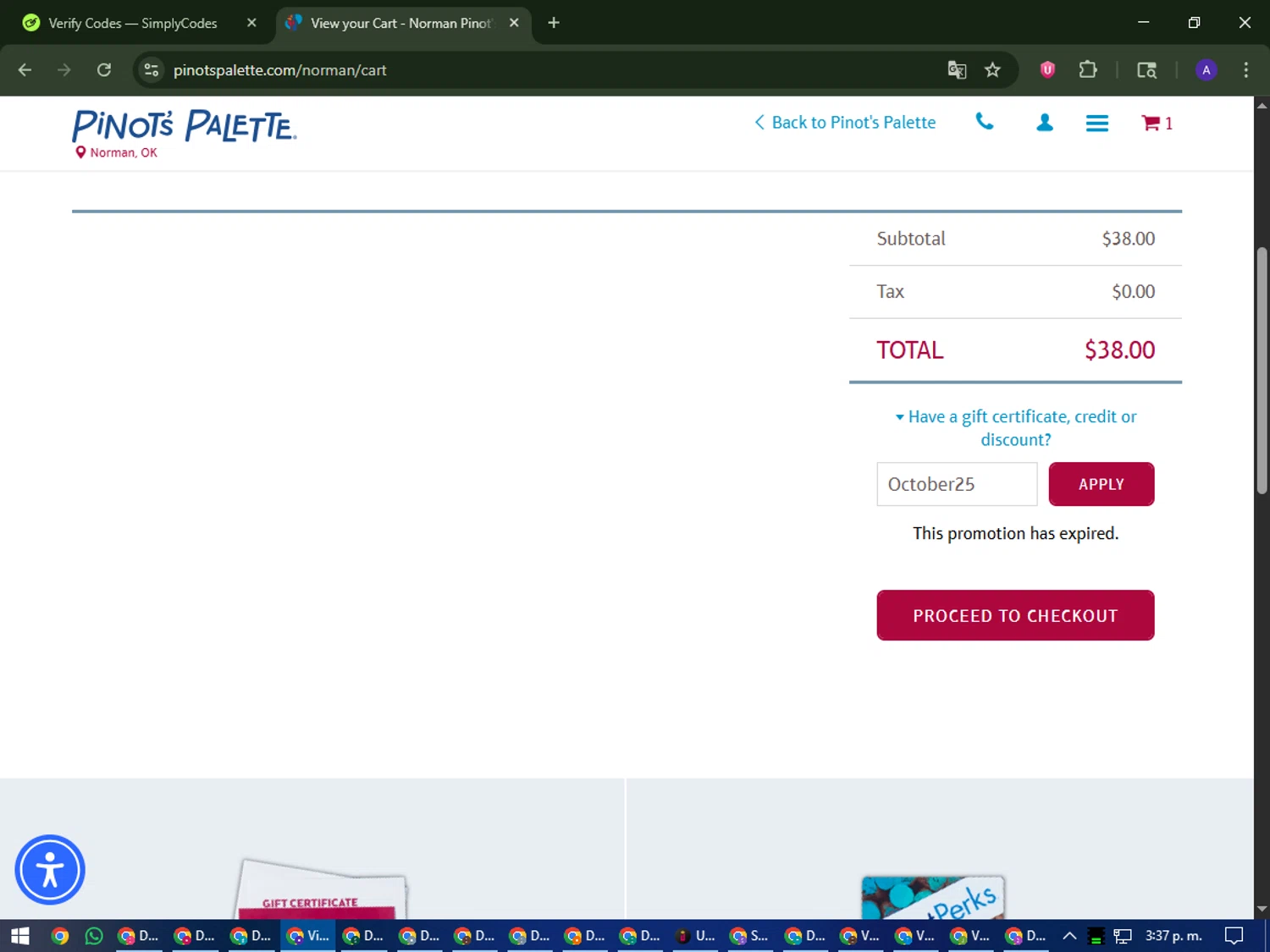 Pinot's Palette discount code screenshot showing code October25 applied at Pinot's Palette checkout page. Uploaded by SimplyCodes community member MagnificentWarden4603 on Nov 6, 2025
