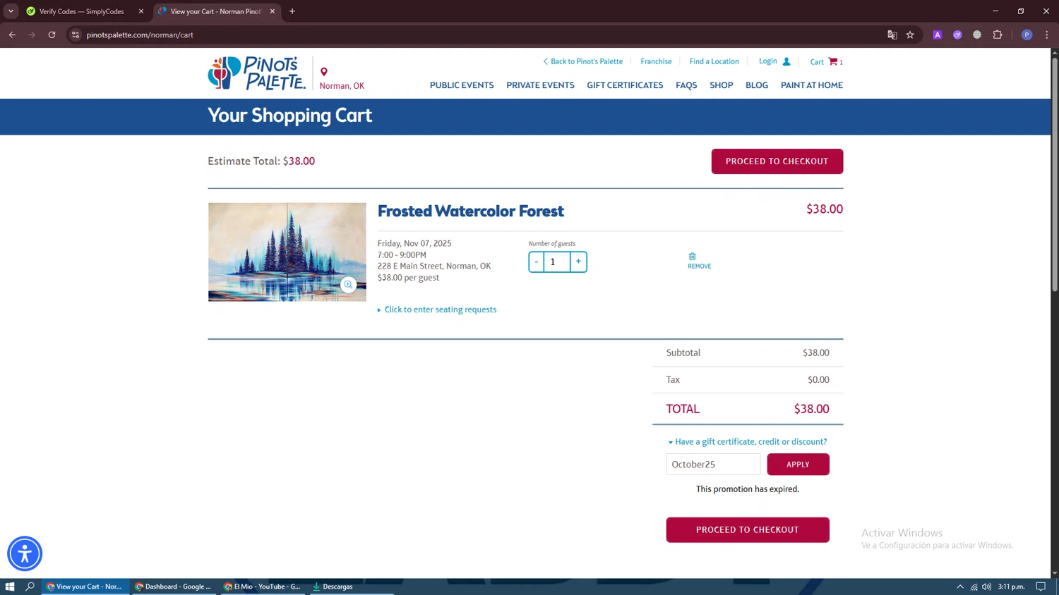 Pinot's Palette discount code screenshot showing code October25 applied at Pinot's Palette checkout page. Uploaded by SimplyCodes community member Darknigth31 on Nov 6, 2025