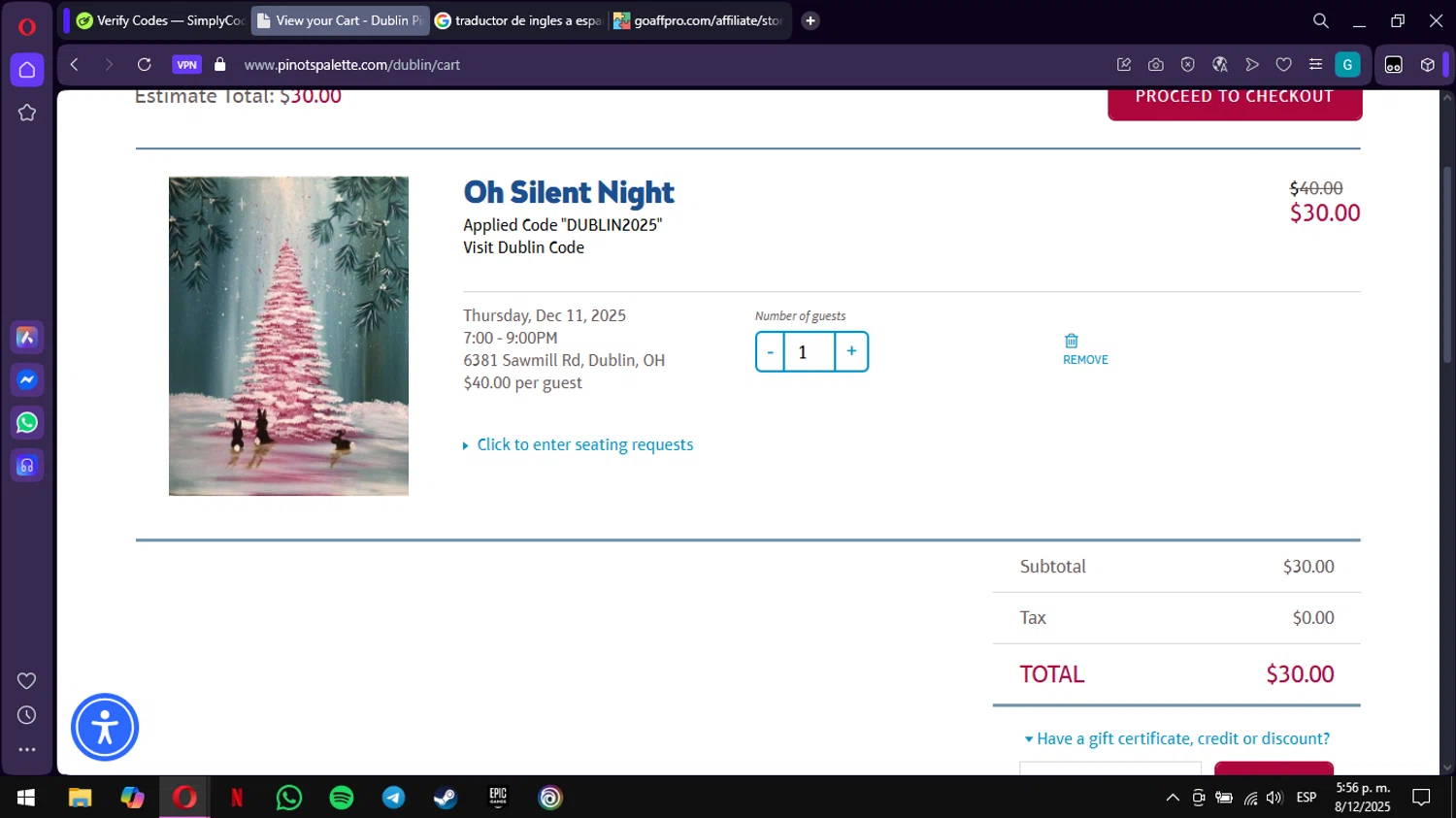 Pinot's Palette checkout page showing Pinot's Palette discount code box | Screenshot taken by SimplyCodes community member on Dec 8, 2025