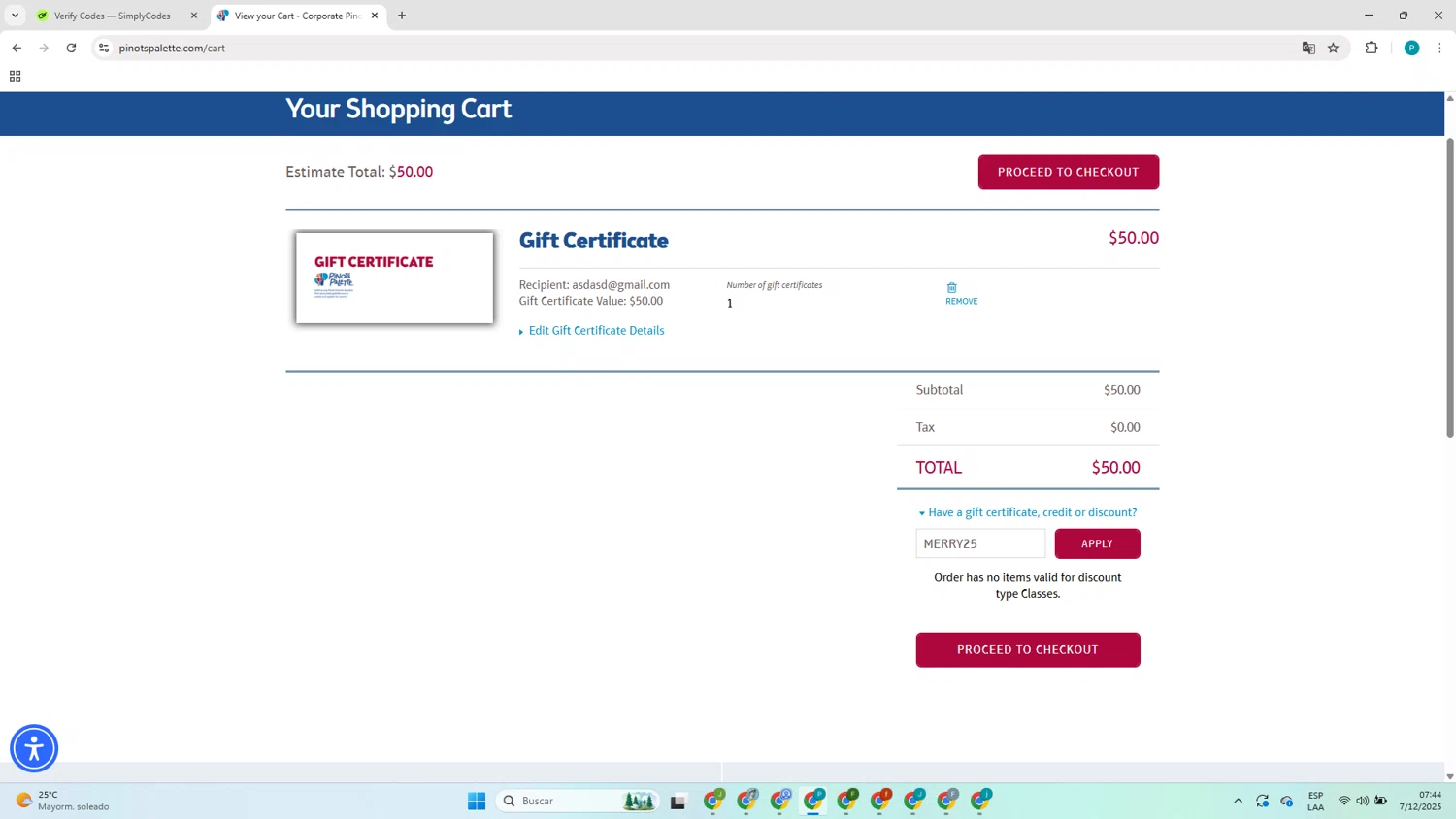 Pinot's Palette checkout page showing Pinot's Palette discount code box | Screenshot taken by SimplyCodes community member on Dec 7, 2025