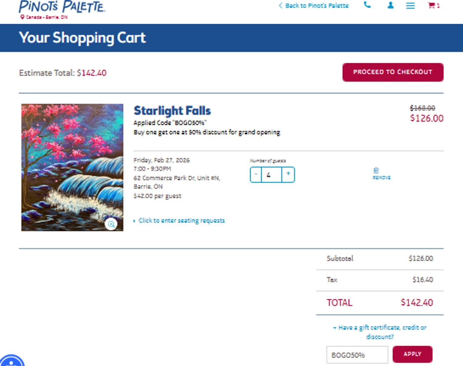 Pinot's Palette checkout page showing Pinot's Palette discount code box | Screenshot taken by SimplyCodes community member on Feb 4, 2026