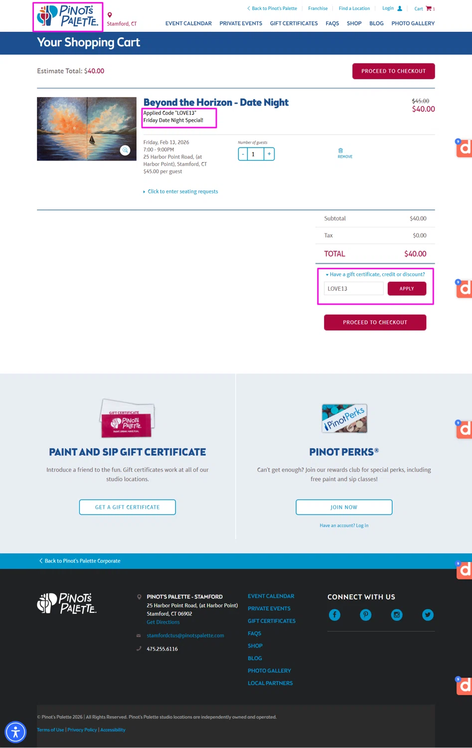 Pinot's Palette discount code screenshot showing code LOVE13 applied at Pinot's Palette checkout page. Uploaded by SimplyCodes community member mrdarcy on Feb 2, 2026