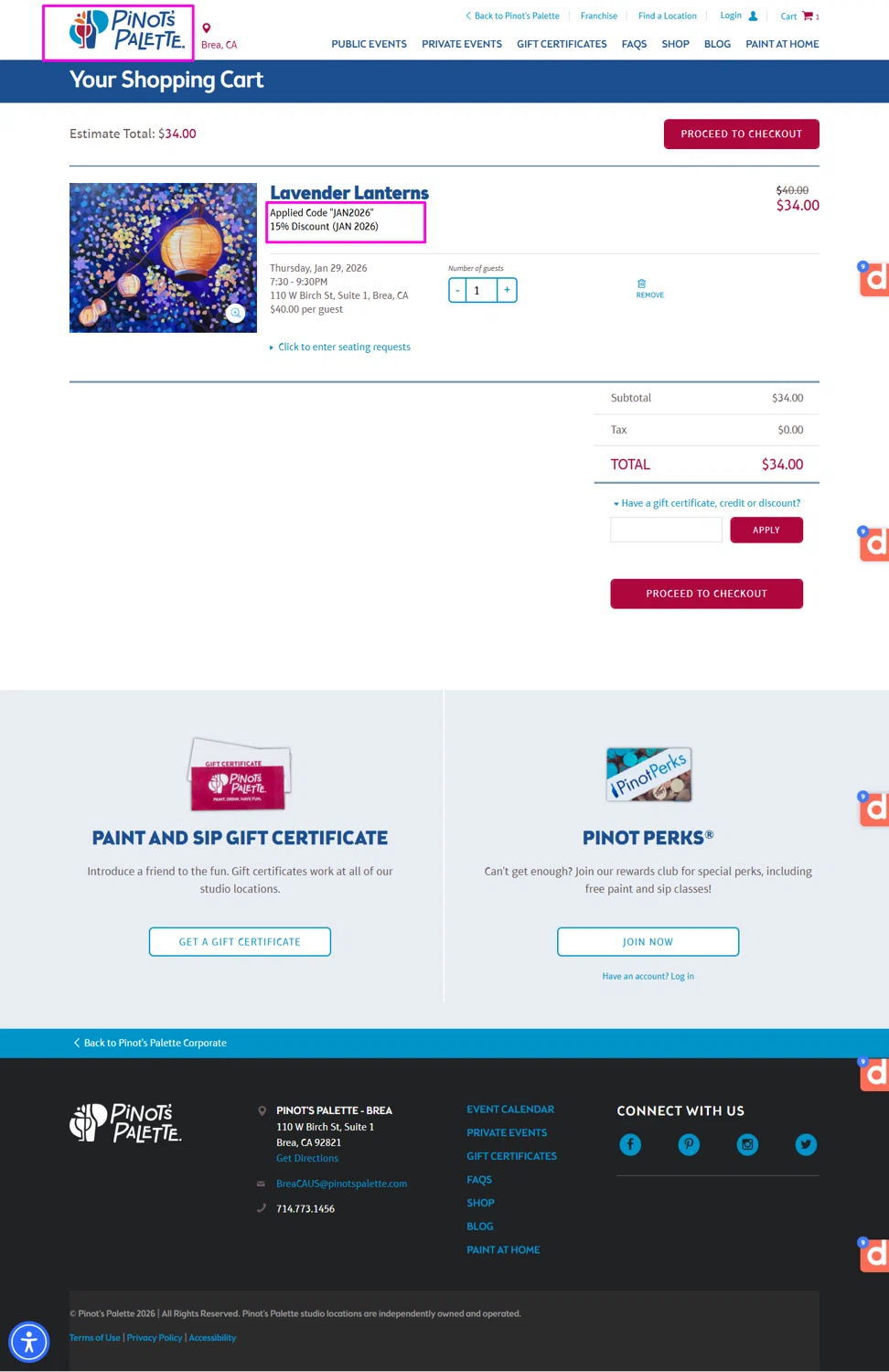 Pinot's Palette discount code screenshot showing code JAN2026 applied at Pinot's Palette checkout page. Uploaded by SimplyCodes community member mrdarcy on Jan 27, 2026