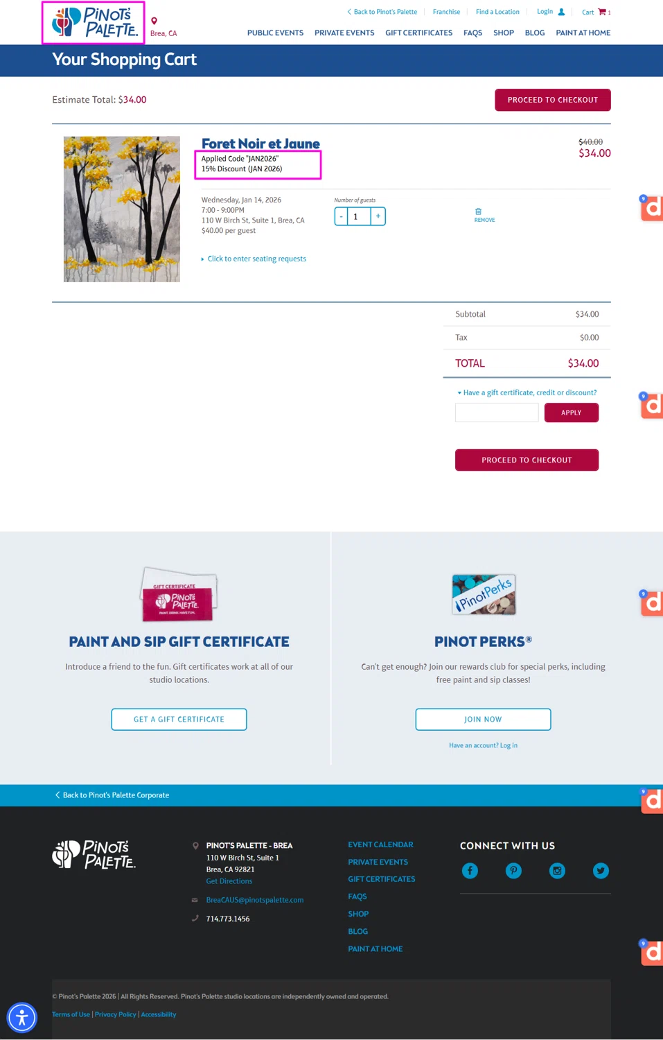 Pinot's Palette discount code screenshot showing code JAN2026 applied at Pinot's Palette checkout page. Uploaded by SimplyCodes community member mrdarcy on Jan 8, 2026