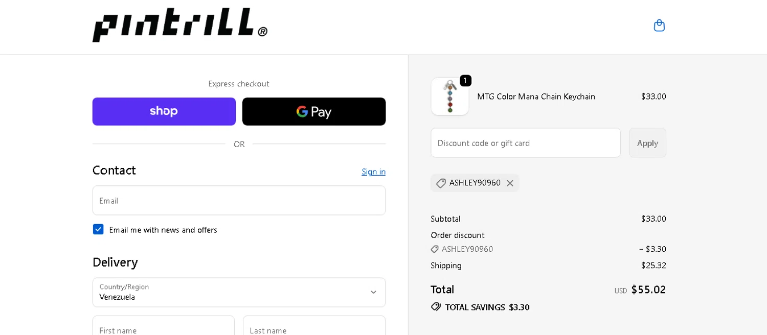 Pintrill promo code screenshot showing code ASHLEY90960 applied at Pintrill checkout page. Uploaded by SimplyCodes community member beatrizcastillo on May 14, 2026