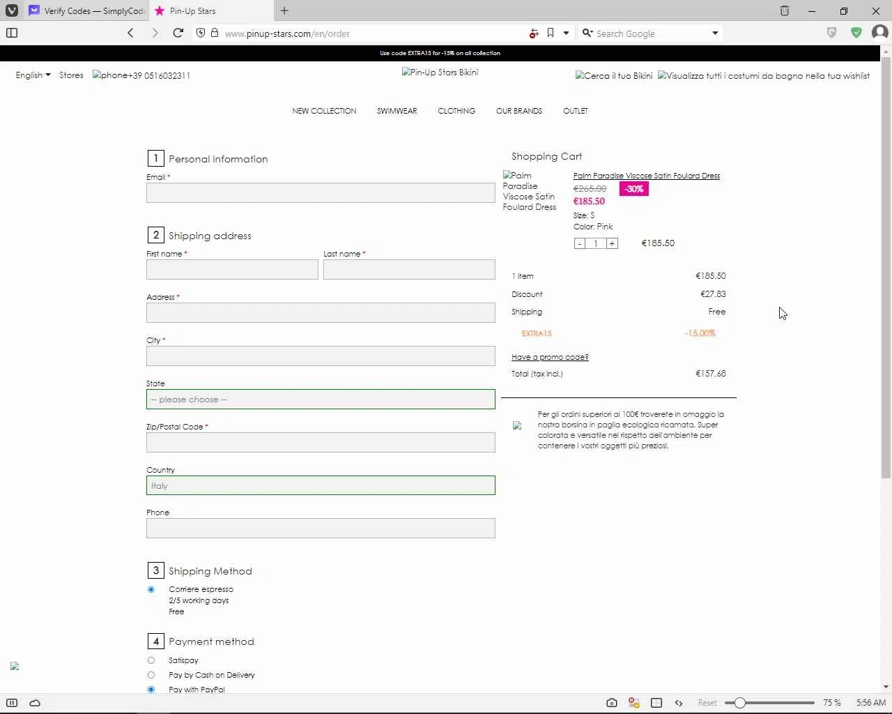 Pin-Up Stars checkout page showing Pin-Up Stars promo code box | Screenshot taken by SimplyCodes community member on Aug 22, 2023