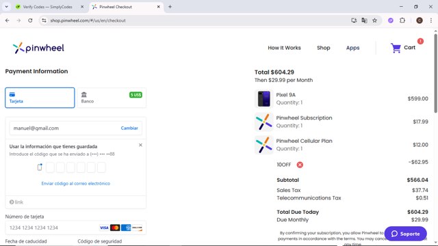 Pinwheel checkout page showing Pinwheel promo code box | Screenshot taken by SimplyCodes community member on Jul 7, 2025