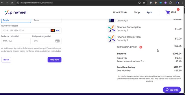 Pinwheel checkout page showing Pinwheel promo code box | Screenshot taken by SimplyCodes community member on Jun 25, 2025