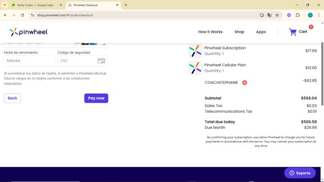 Pinwheel checkout page showing Pinwheel promo code box | Screenshot taken by SimplyCodes community member on May 30, 2025