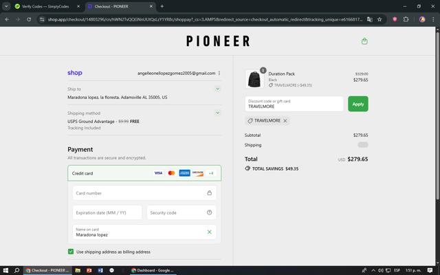 Pioneer Carry checkout page showing Pioneer Carry discount code box | Screenshot taken by SimplyCodes community member on Sep 1, 2025