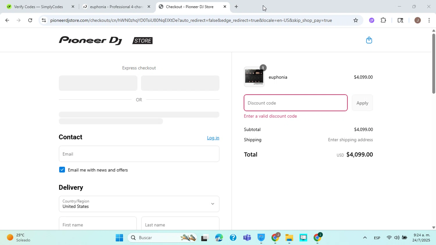 Pioneer DJ discount code screenshot showing code welcome10 applied at Pioneer DJ checkout page. Uploaded by SimplyCodes community member ABHF23 on Jul 24, 2025
