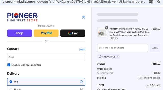 Pioneer Mini Split Store checkout page showing Pioneer Mini Split Store discount code box | Screenshot taken by SimplyCodes community member on Aug 29, 2025