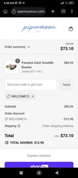WELCOME15 coupon verification screenshot