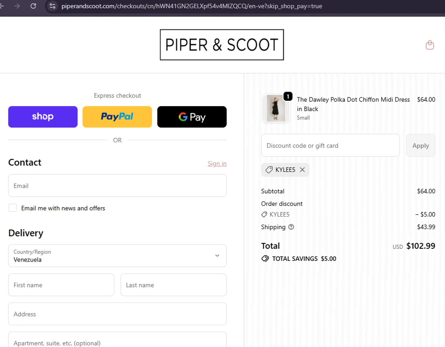 Piper & Scoot promo code screenshot showing code KYLEE5 applied at Piper & Scoot checkout page. Uploaded by SimplyCodes community member MoneySage8222 on Oct 12, 2025