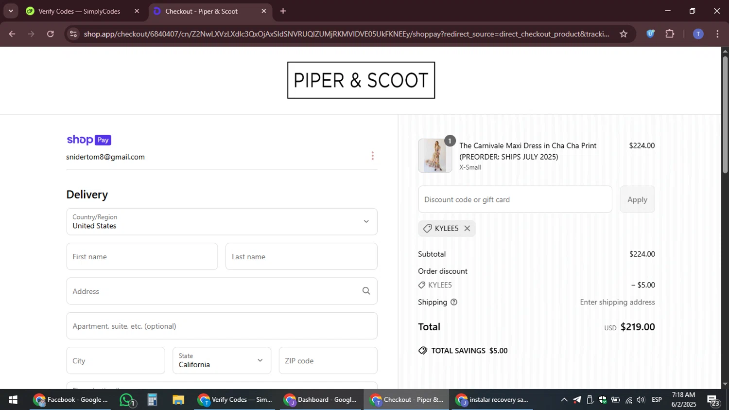 Piper & Scoot promo code screenshot showing code KYLEE5 applied at Piper & Scoot checkout page. Uploaded by SimplyCodes community member snidertom8 on Jun 2, 2025