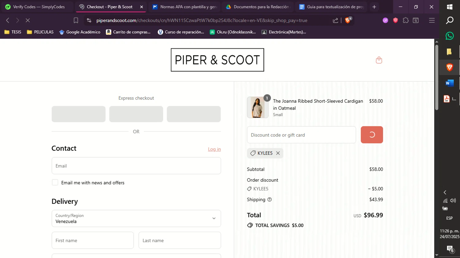 Piper & Scoot promo code screenshot showing code KYLEE5 applied at Piper & Scoot checkout page. Uploaded by SimplyCodes community member xXdevoragoticas69Xx on Jul 25, 2025