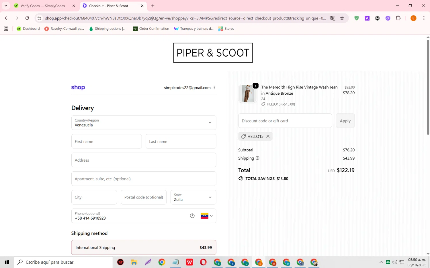 Piper & Scoot promo code screenshot showing code HELLO15 applied at Piper & Scoot checkout page. Uploaded by SimplyCodes community member RewardFalcon3197 on Oct 8, 2025