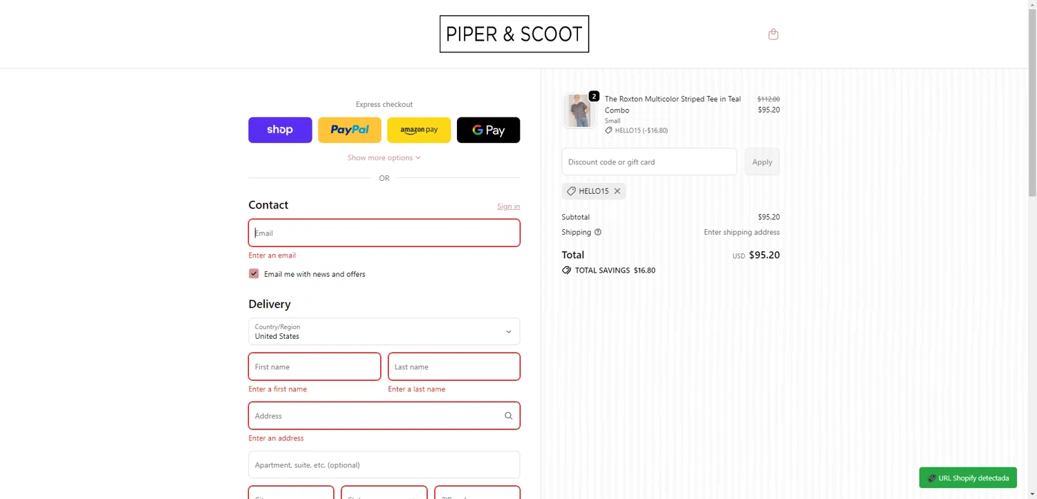 Piper & Scoot promo code screenshot showing code HELLO15 applied at Piper & Scoot checkout page. Uploaded by SimplyCodes community member SwiftCurator4059 on Jan 23, 2026