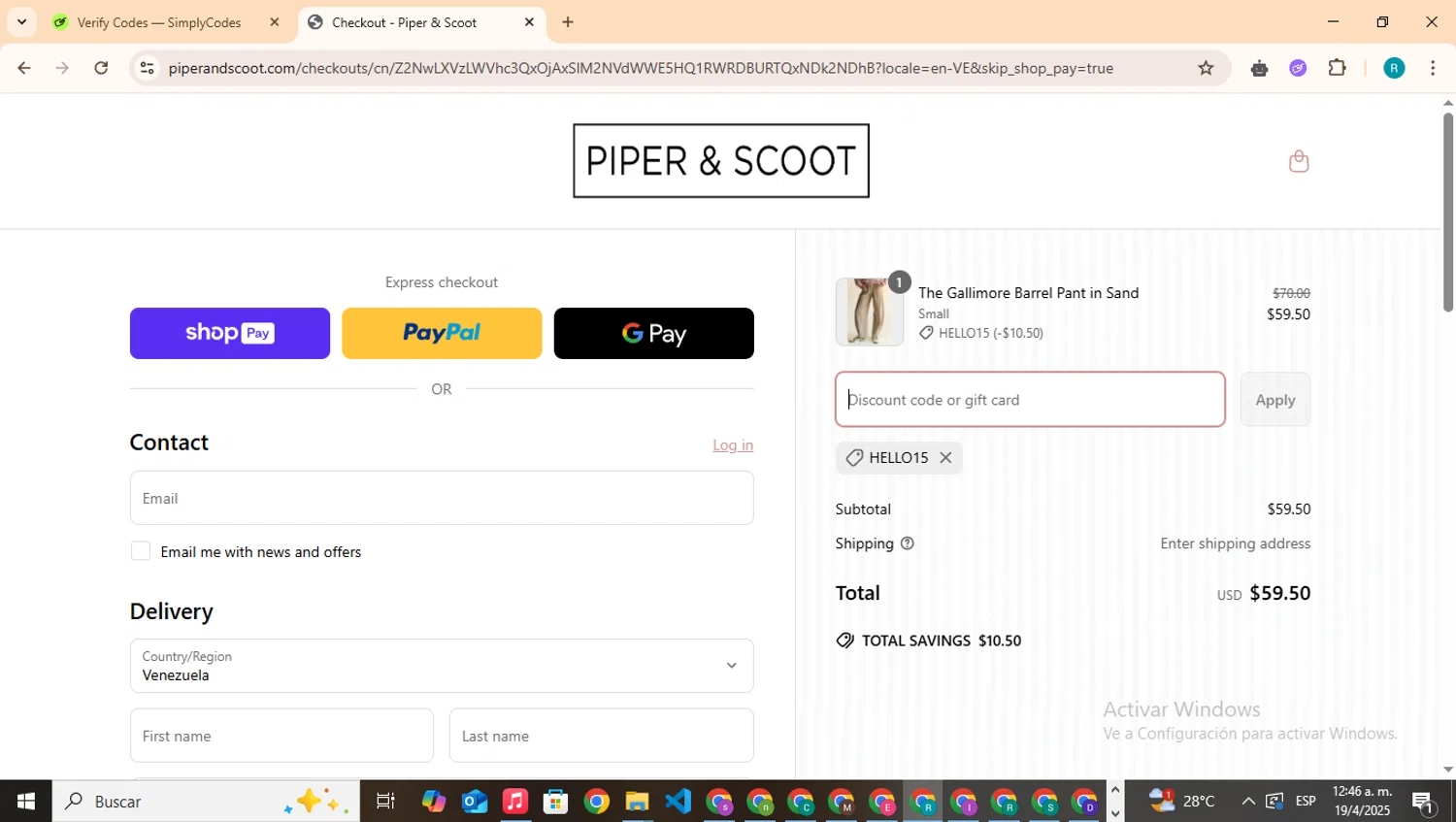 Piper & Scoot promo code screenshot showing code HELLO15 applied at Piper & Scoot checkout page. Uploaded by SimplyCodes community member BudgetHero4407 on Apr 19, 2025