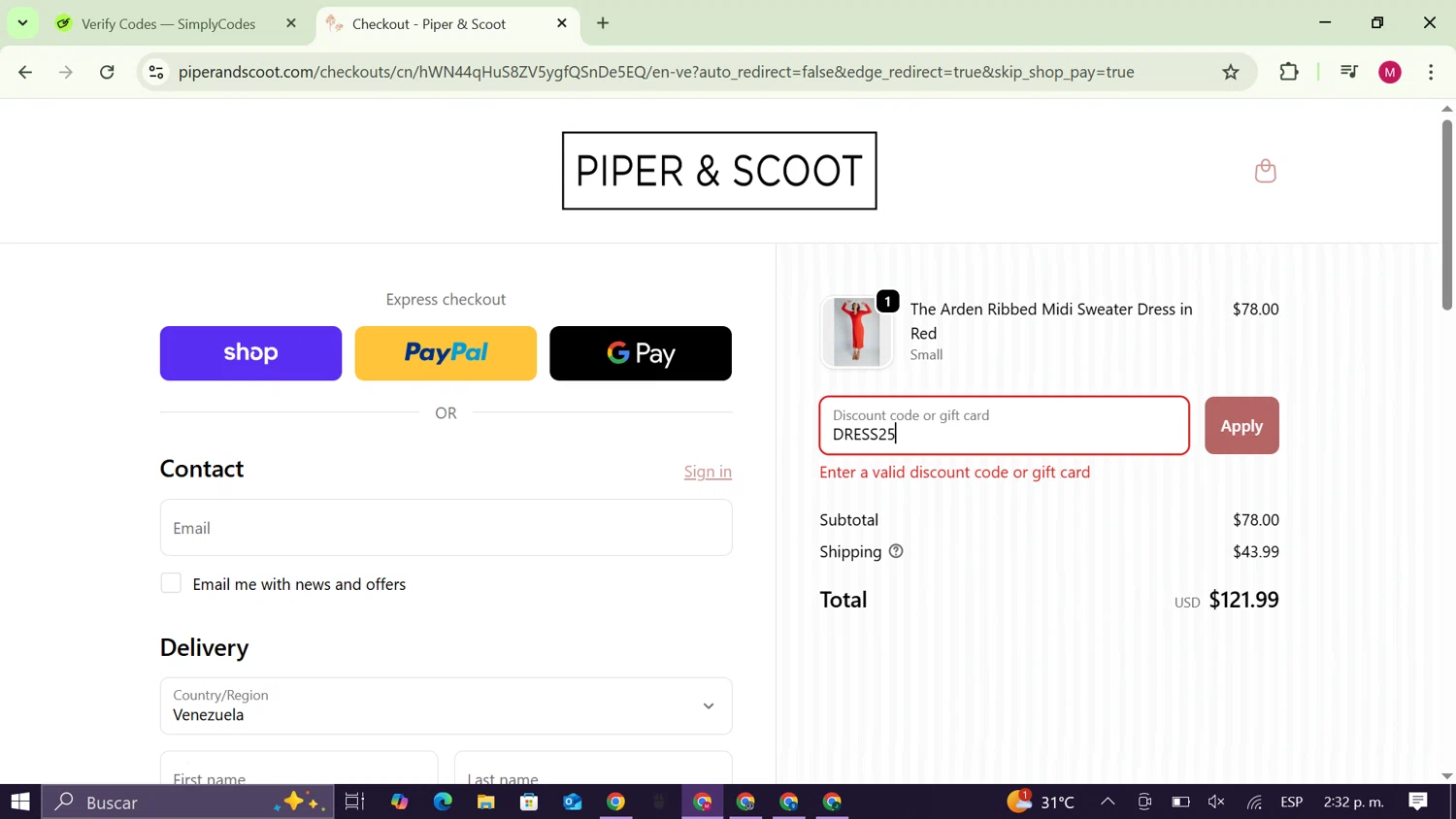 Piper & Scoot promo code screenshot showing code DRESS25 applied at Piper & Scoot checkout page. Uploaded by SimplyCodes community member CouponAce9216 on Oct 13, 2025