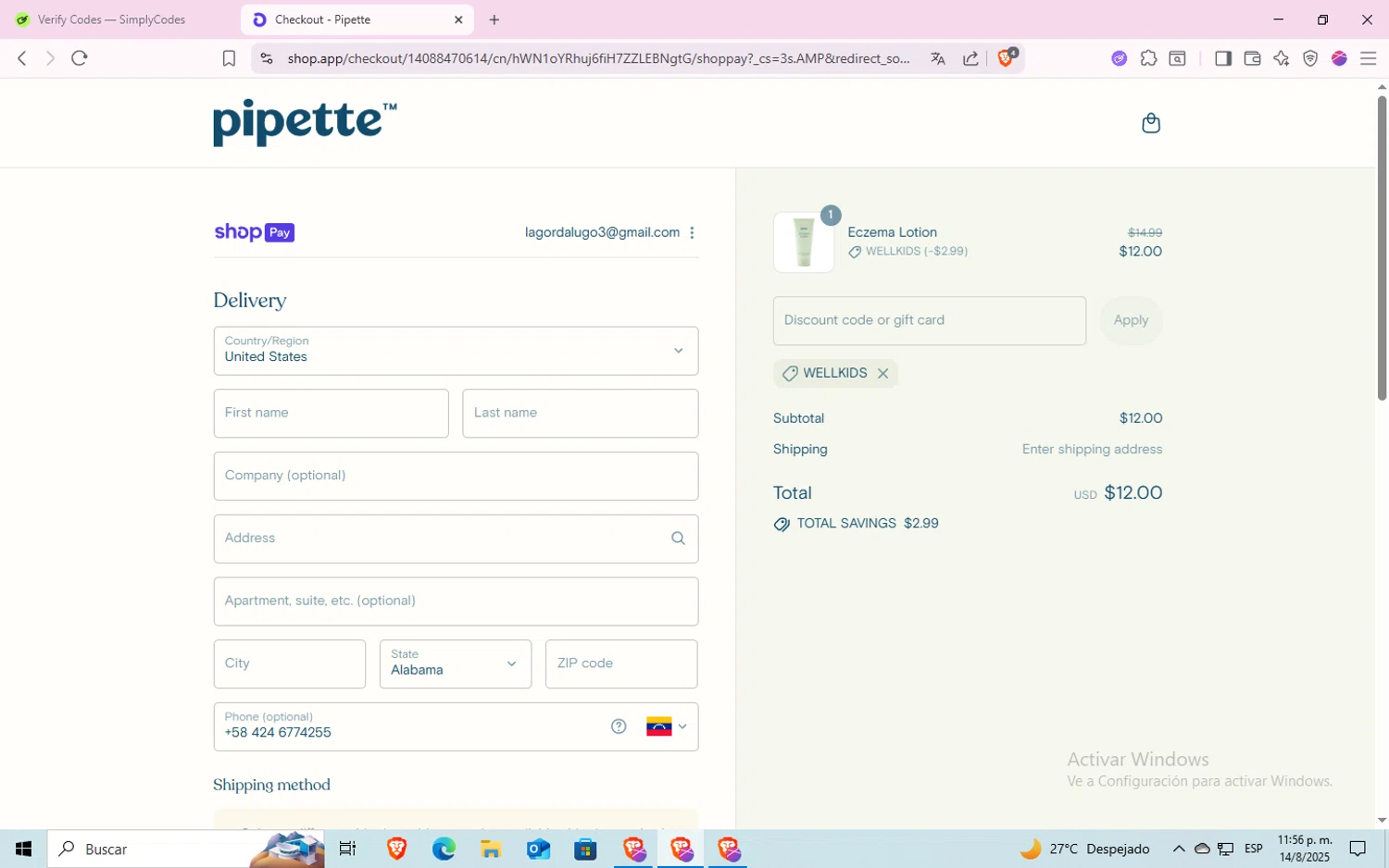 Pipette Baby promo code screenshot showing code WELLKIDS applied at Pipette Baby checkout page. Uploaded by SimplyCodes community member godgod on Aug 15, 2025