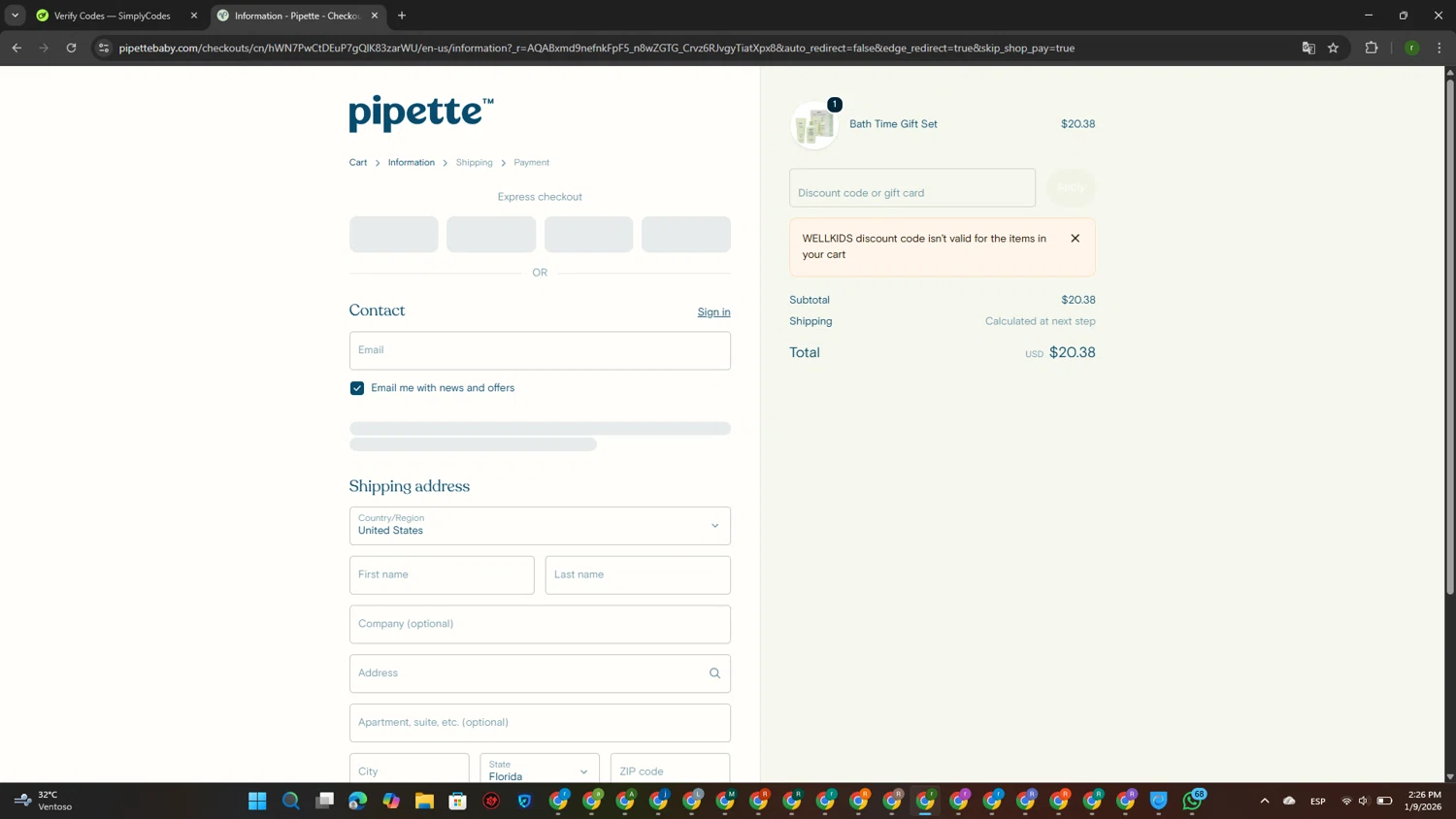 Pipette Baby promo code screenshot showing code WELLKIDS applied at Pipette Baby checkout page. Uploaded by SimplyCodes community member GoldScout9735 on Jan 9, 2026
