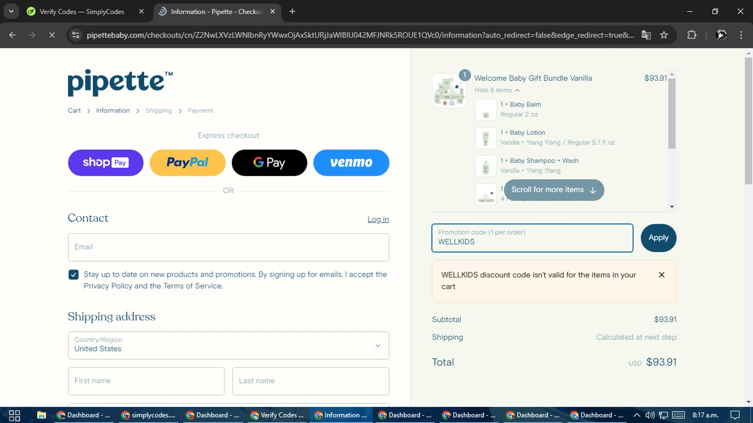 Pipette Baby promo code screenshot showing code WELLKIDS applied at Pipette Baby checkout page. Uploaded by SimplyCodes community member SavvyChaser6563 on Feb 11, 2025