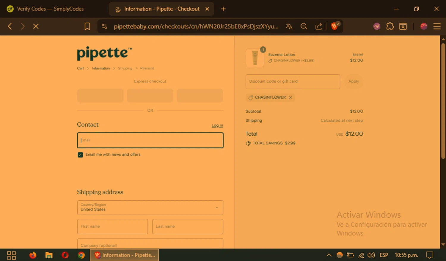 Pipette Baby promo code screenshot showing code CHASINFLOWER applied at Pipette Baby checkout page. Uploaded by SimplyCodes community member CouponSaver4196 on Aug 20, 2025