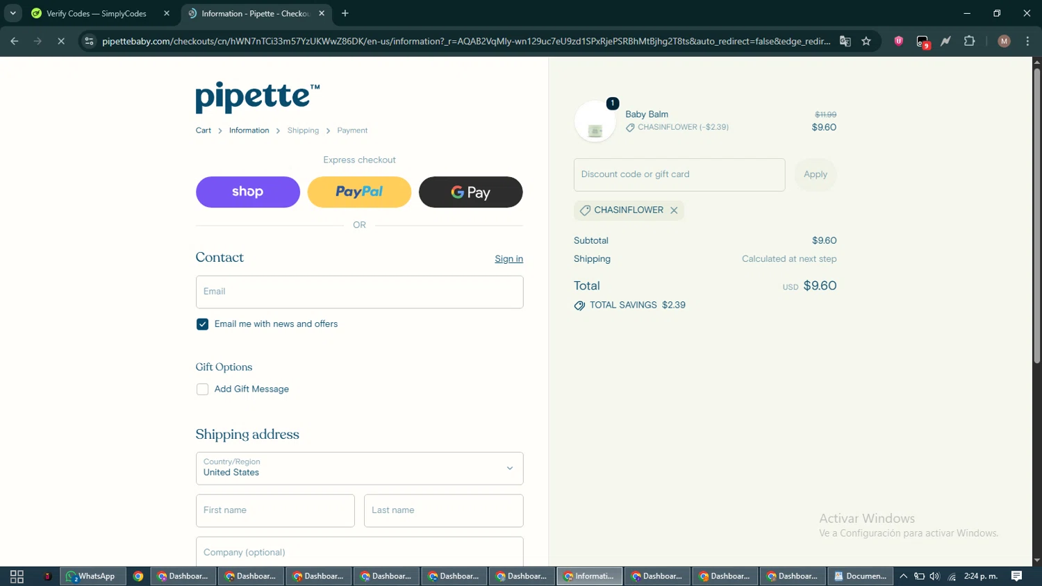 Pipette Baby promo code screenshot showing code CHASINFLOWER applied at Pipette Baby checkout page. Uploaded by SimplyCodes community member DiscountTitan4635 on Jan 19, 2026
