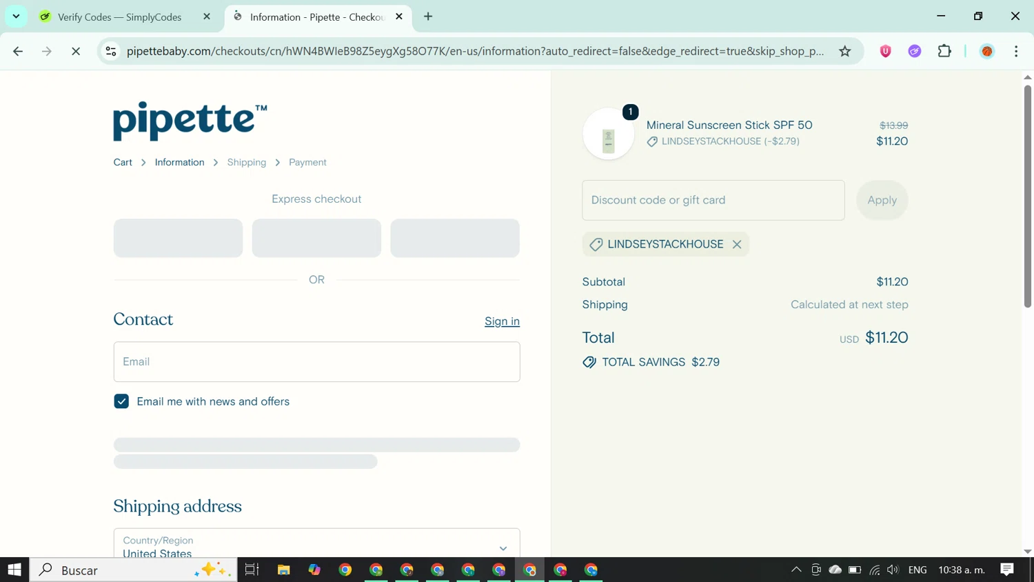 Pipette Baby promo code screenshot showing code Lindseystackhouse applied at Pipette Baby checkout page. Uploaded by SimplyCodes community member ABUSAMADRES_ on Oct 16, 2025