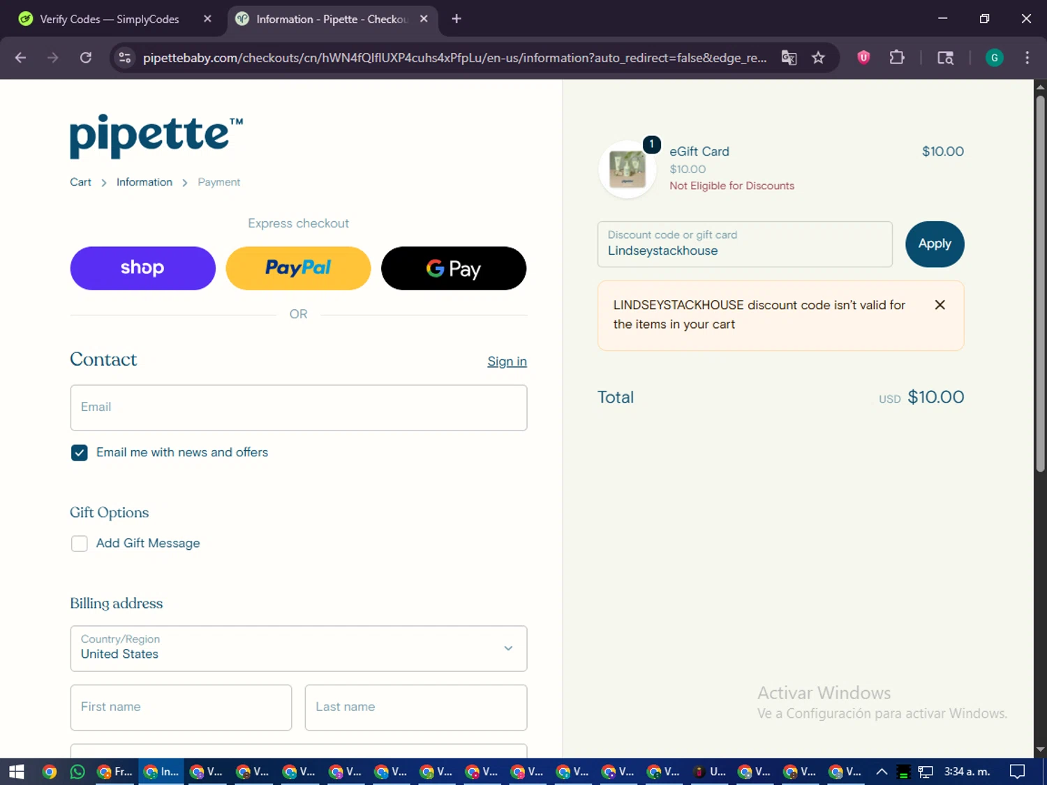 Pipette Baby promo code screenshot showing code Lindseystackhouse applied at Pipette Baby checkout page. Uploaded by SimplyCodes community member PennyFinder5759 on Oct 29, 2025