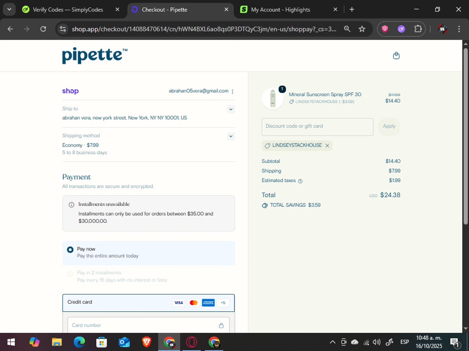Pipette Baby promo code screenshot showing code Lindseystackhouse applied at Pipette Baby checkout page. Uploaded by SimplyCodes community member TreasureAdmiral6867 on Oct 16, 2025