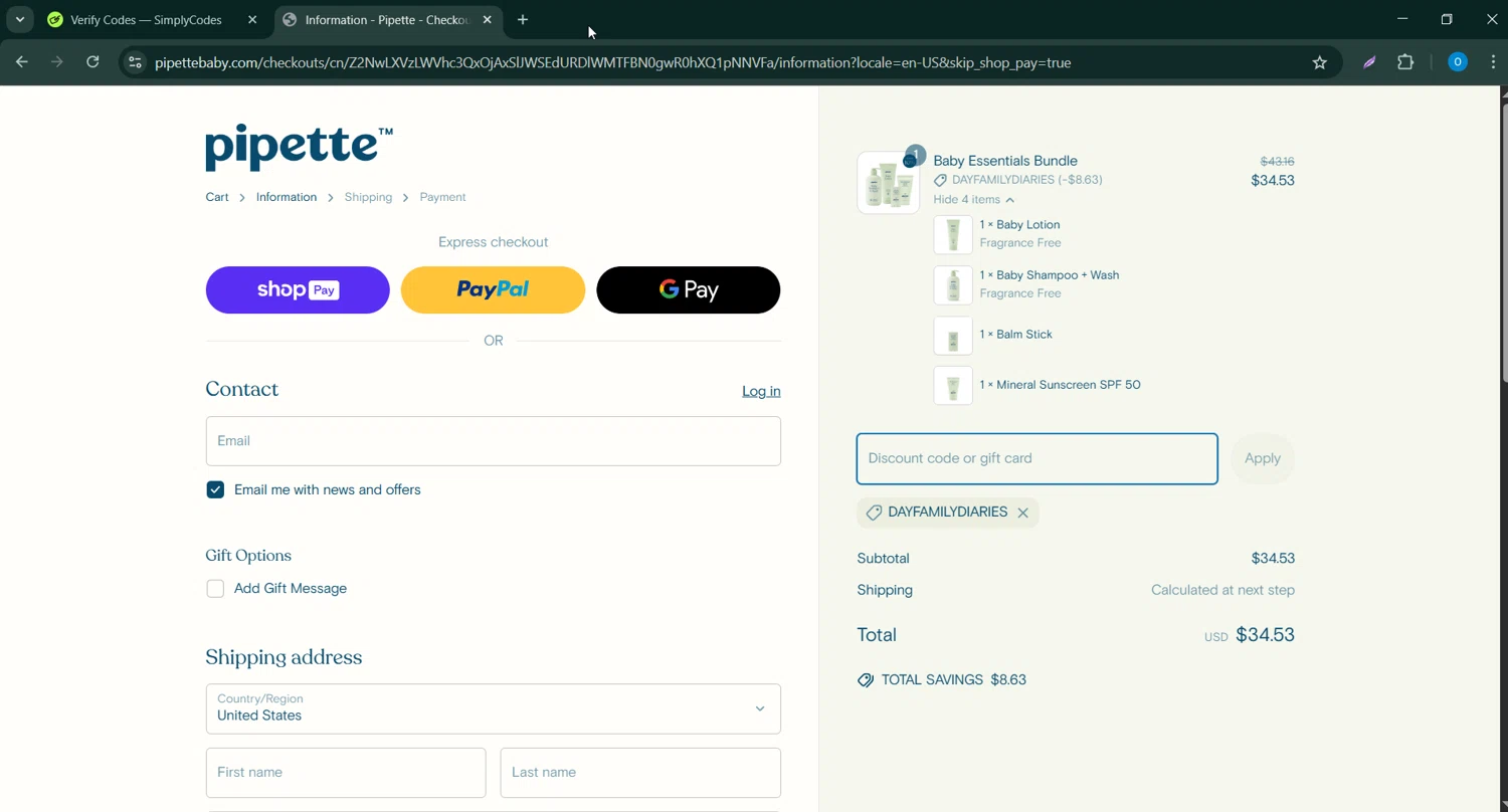 Pipette Baby promo code screenshot showing code Dayfamilydiaries applied at Pipette Baby checkout page. Uploaded by SimplyCodes community member GoldAdmiral5202 on Apr 15, 2025