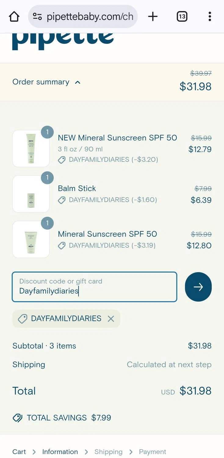Pipette Baby promo code screenshot showing code Dayfamilydiaries applied at Pipette Baby checkout page. Uploaded by SimplyCodes community member KarinaHZ on Mar 25, 2025