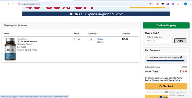 Piping Rock checkout page showing Piping Rock promo code box | Screenshot taken by SimplyCodes community member on Aug 14, 2025