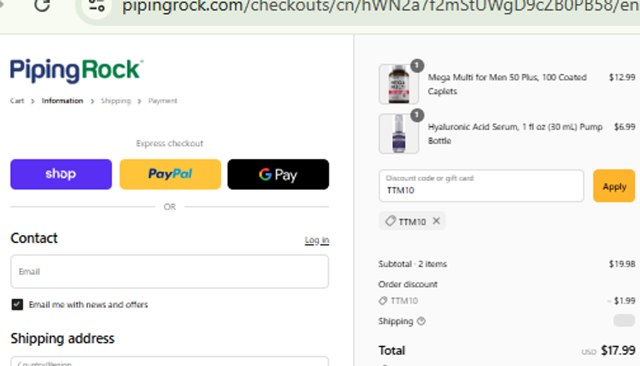 Piping Rock checkout page showing Piping Rock promo code box | Screenshot taken by SimplyCodes community member on Sep 4, 2025