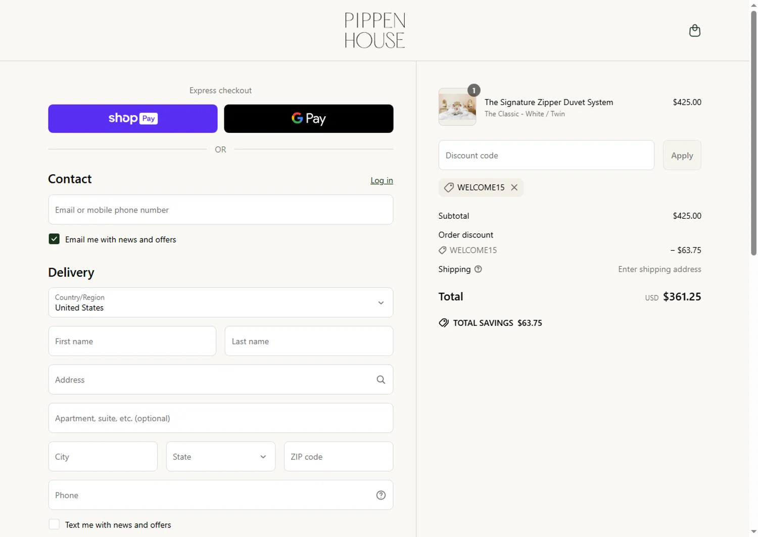 Pippen House promo code screenshot showing code WELCOME15 applied at Pippen House checkout page. Uploaded by SimplyCodes community member Alejandra10 on Mar 31, 2025