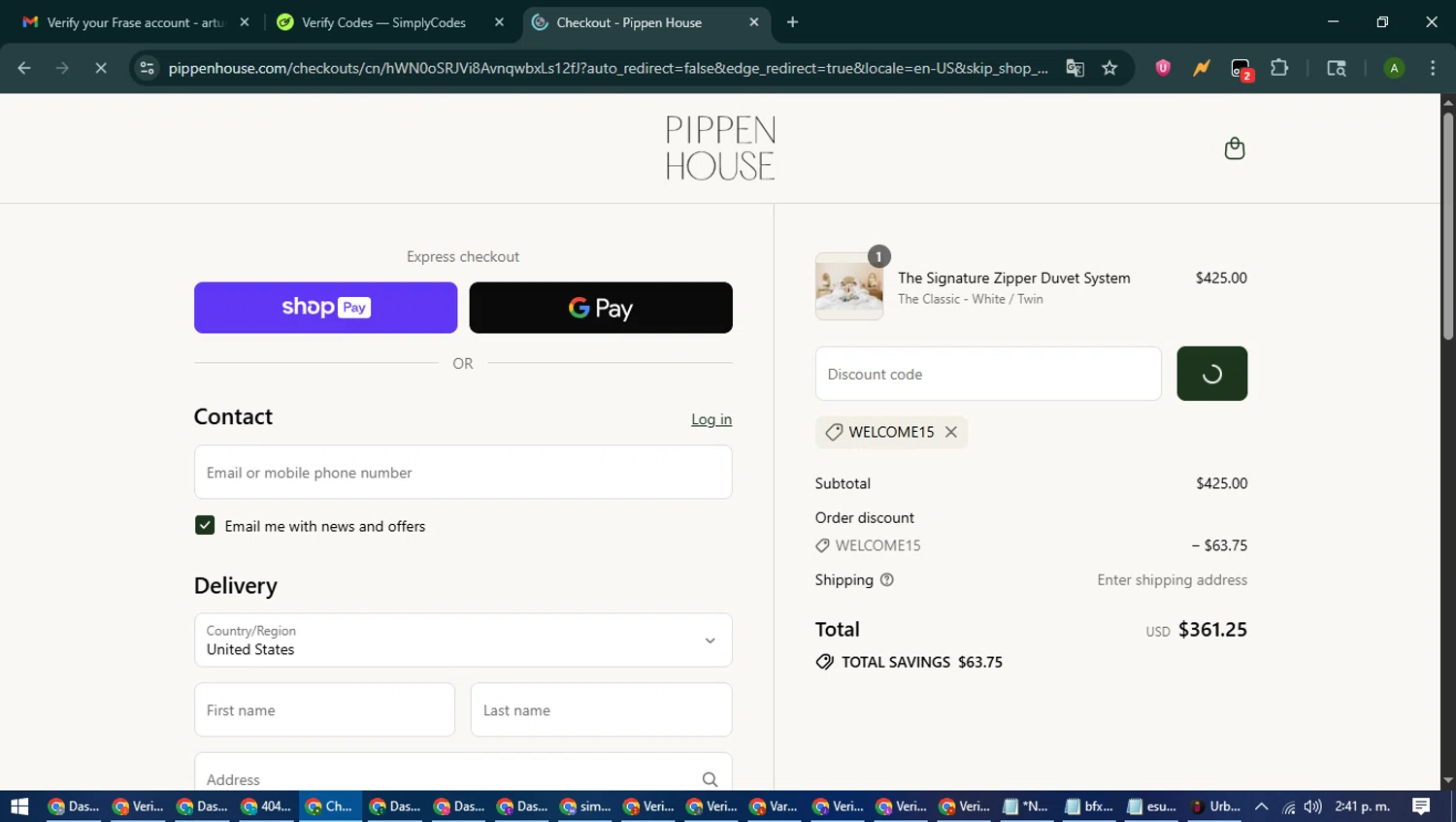 Pippen House promo code screenshot showing code WELCOME15 applied at Pippen House checkout page. Uploaded by SimplyCodes community member CashLynx5338 on Jul 19, 2025