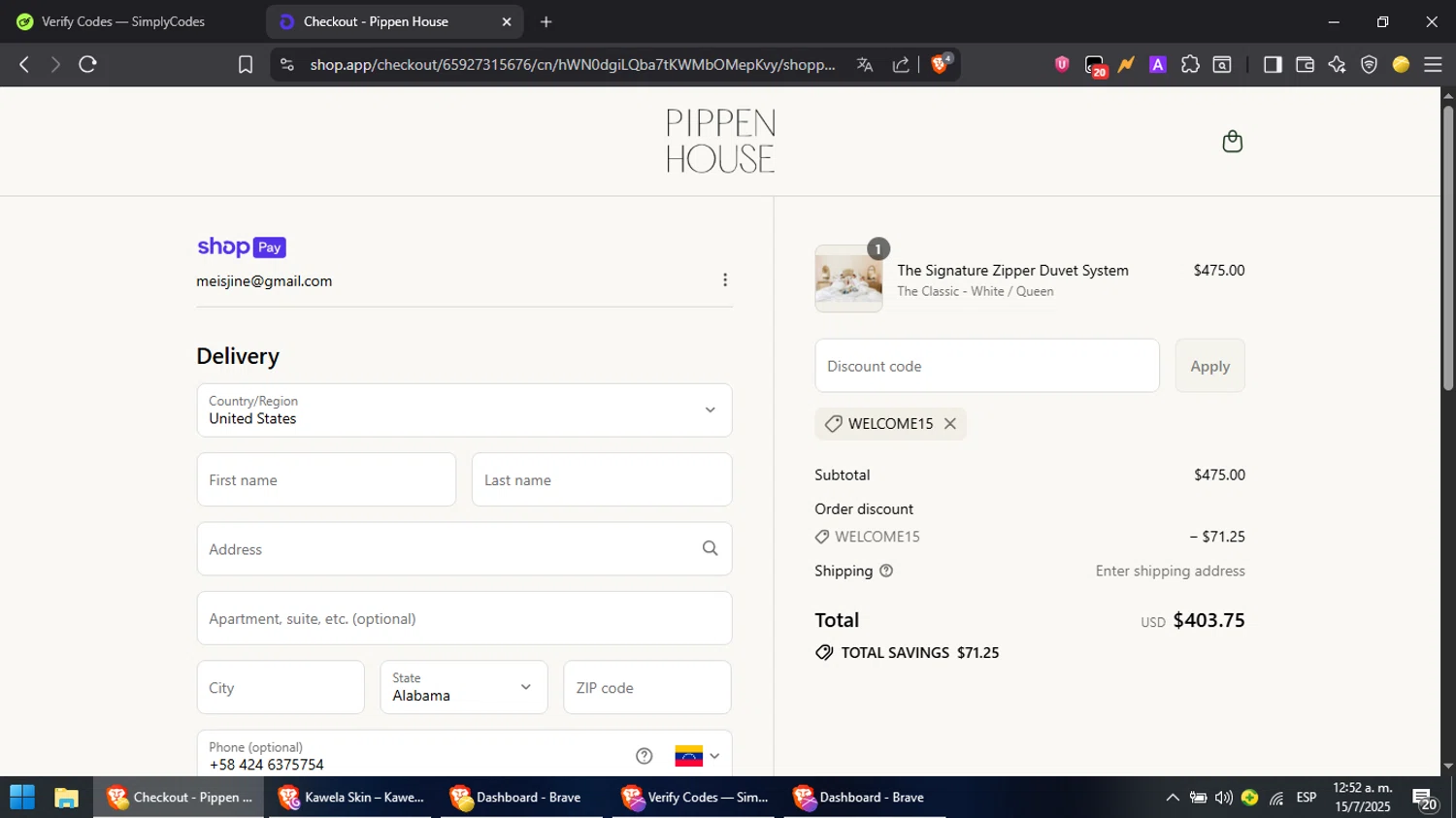 Pippen House promo code screenshot showing code WELCOME15 applied at Pippen House checkout page. Uploaded by SimplyCodes community member MoneyPilot9165 on Jul 15, 2025