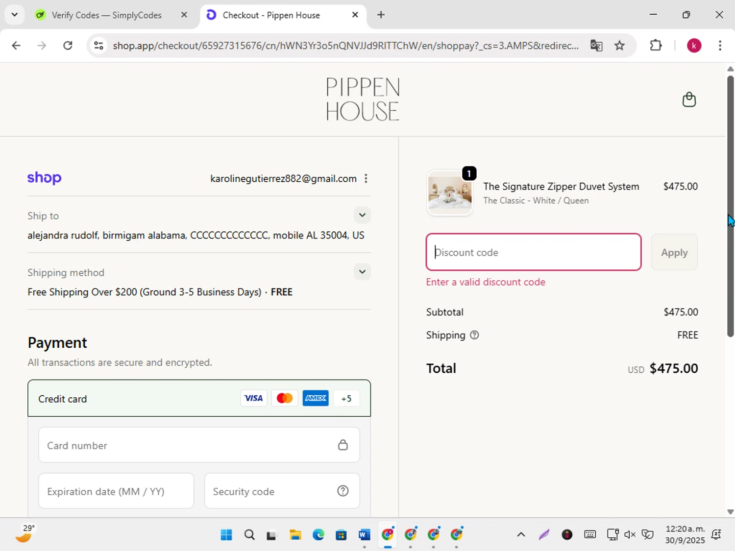 Pippen House promo code screenshot showing code TUCKER20 applied at Pippen House checkout page. Uploaded by SimplyCodes community member karoline on Sep 30, 2025