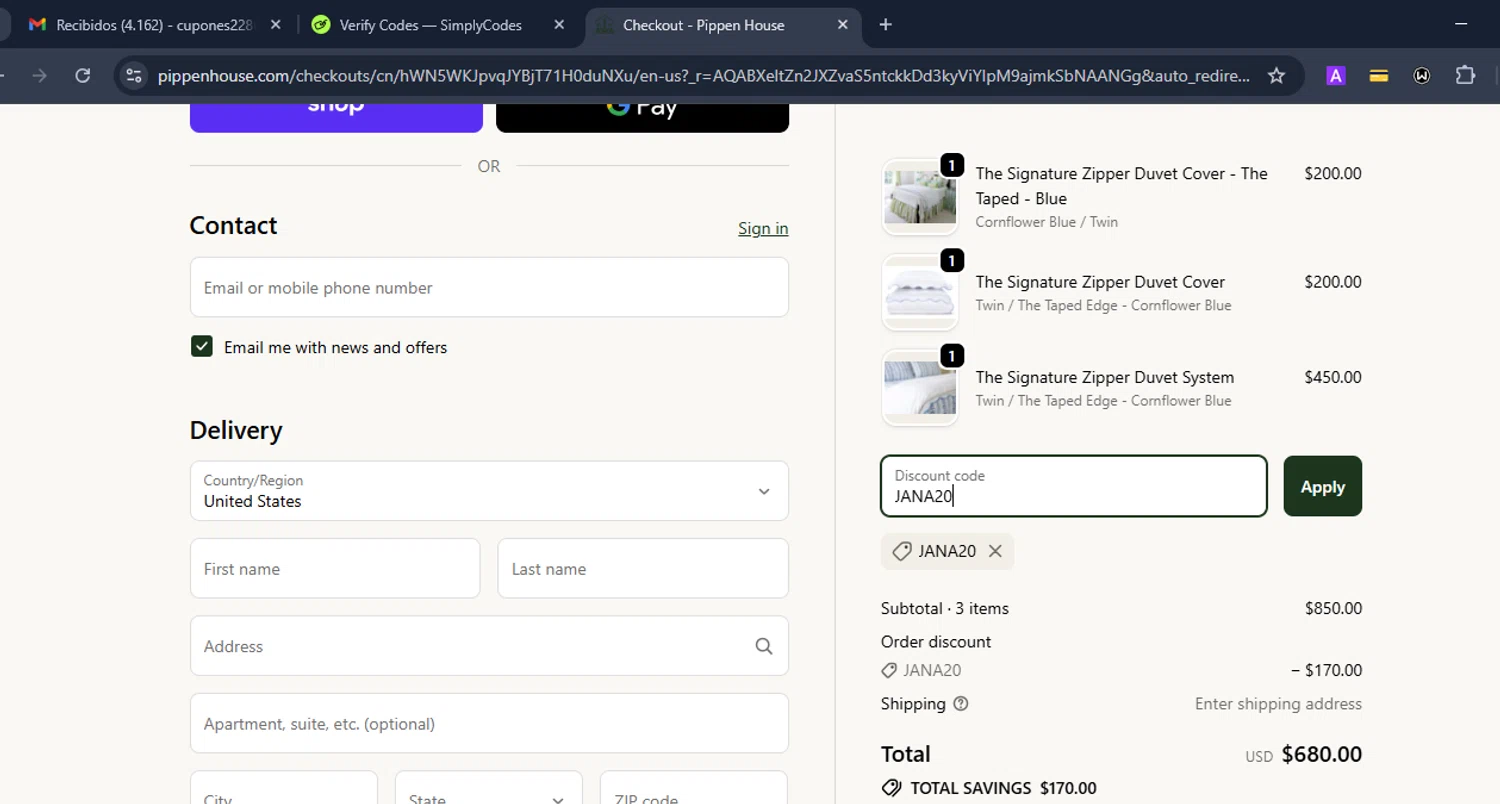 Pippen House promo code screenshot showing code JANA20 applied at Pippen House checkout page. Uploaded by SimplyCodes community member Eduard on Nov 20, 2025