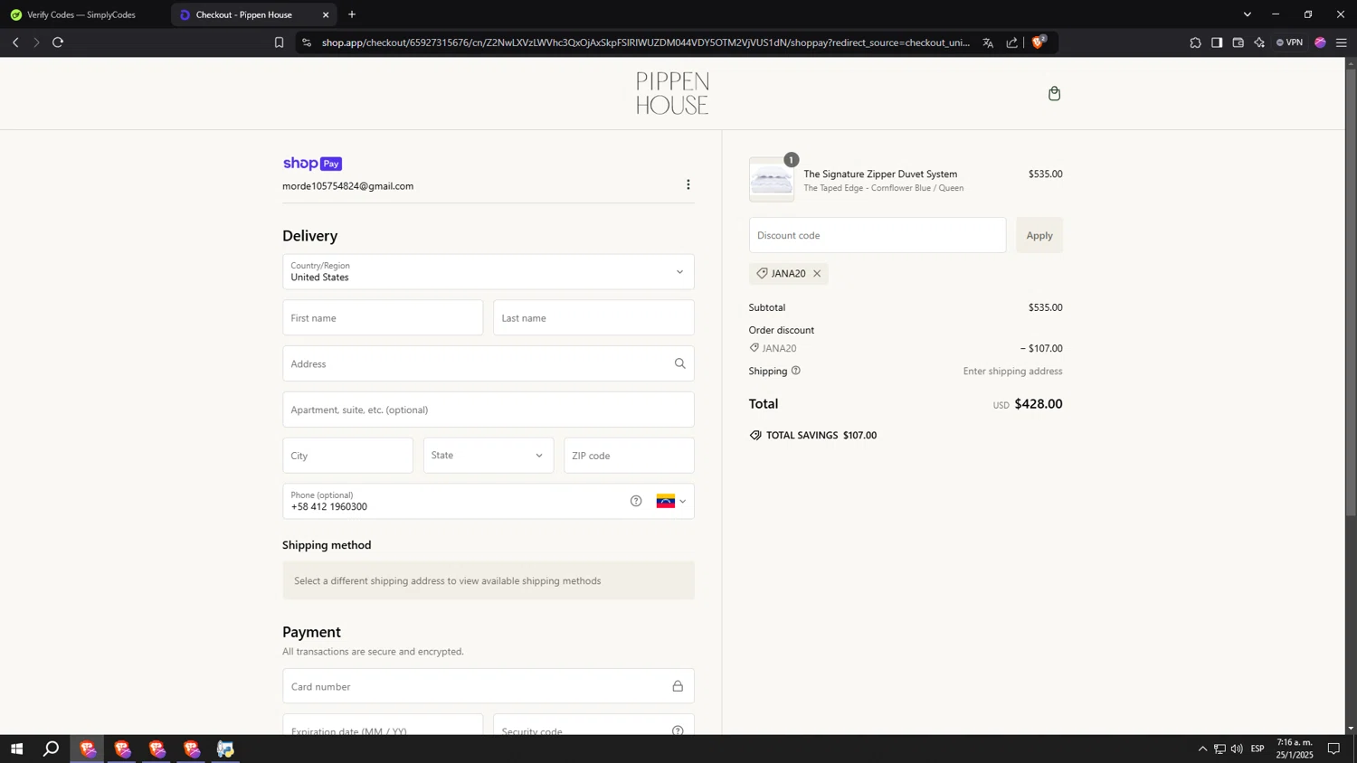 Pippen House promo code screenshot showing code JANA20 applied at Pippen House checkout page. Uploaded by SimplyCodes community member aaaaaaaaaaaaaaaaaaaaa on Jan 25, 2025