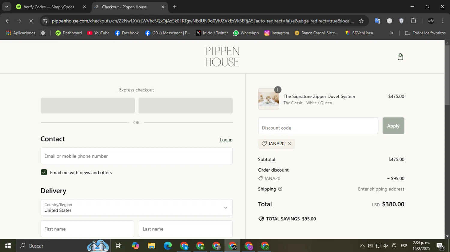 Pippen House promo code screenshot showing code JANA20 applied at Pippen House checkout page. Uploaded by SimplyCodes community member Ricardobr06 on Feb 15, 2025