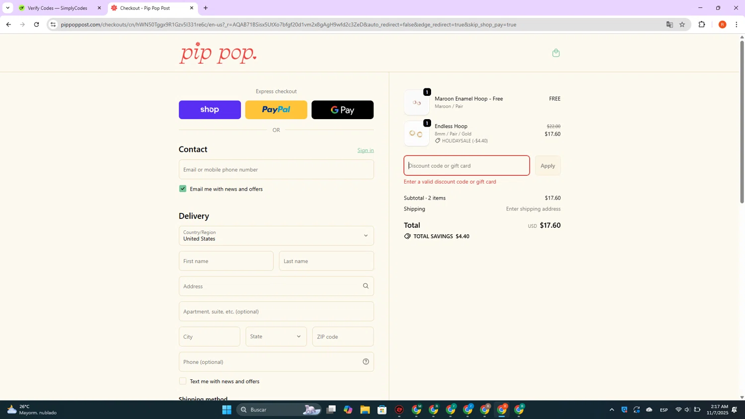 Pip Pop Post coupon code screenshot showing code Email10 applied at Pip Pop Post checkout page. Uploaded by SimplyCodes community member DealVirtuoso2241 on Nov 7, 2025