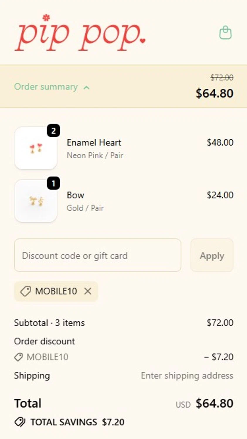 Pip Pop Post coupon code screenshot showing code MOBILE10 applied at Pip Pop Post checkout page. Uploaded by SimplyCodes community member RonaldoM32 on Dec 9, 2025