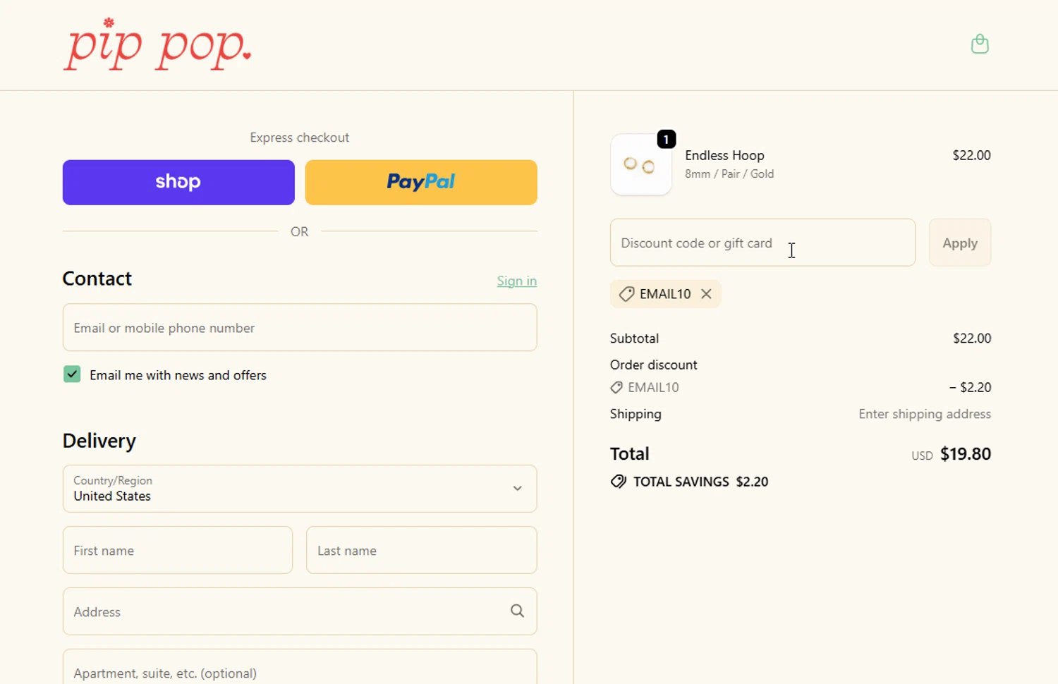 Pip Pop Post coupon code screenshot showing code Email10 applied at Pip Pop Post checkout page. Uploaded by SimplyCodes community member danyx_gx on Dec 3, 2025