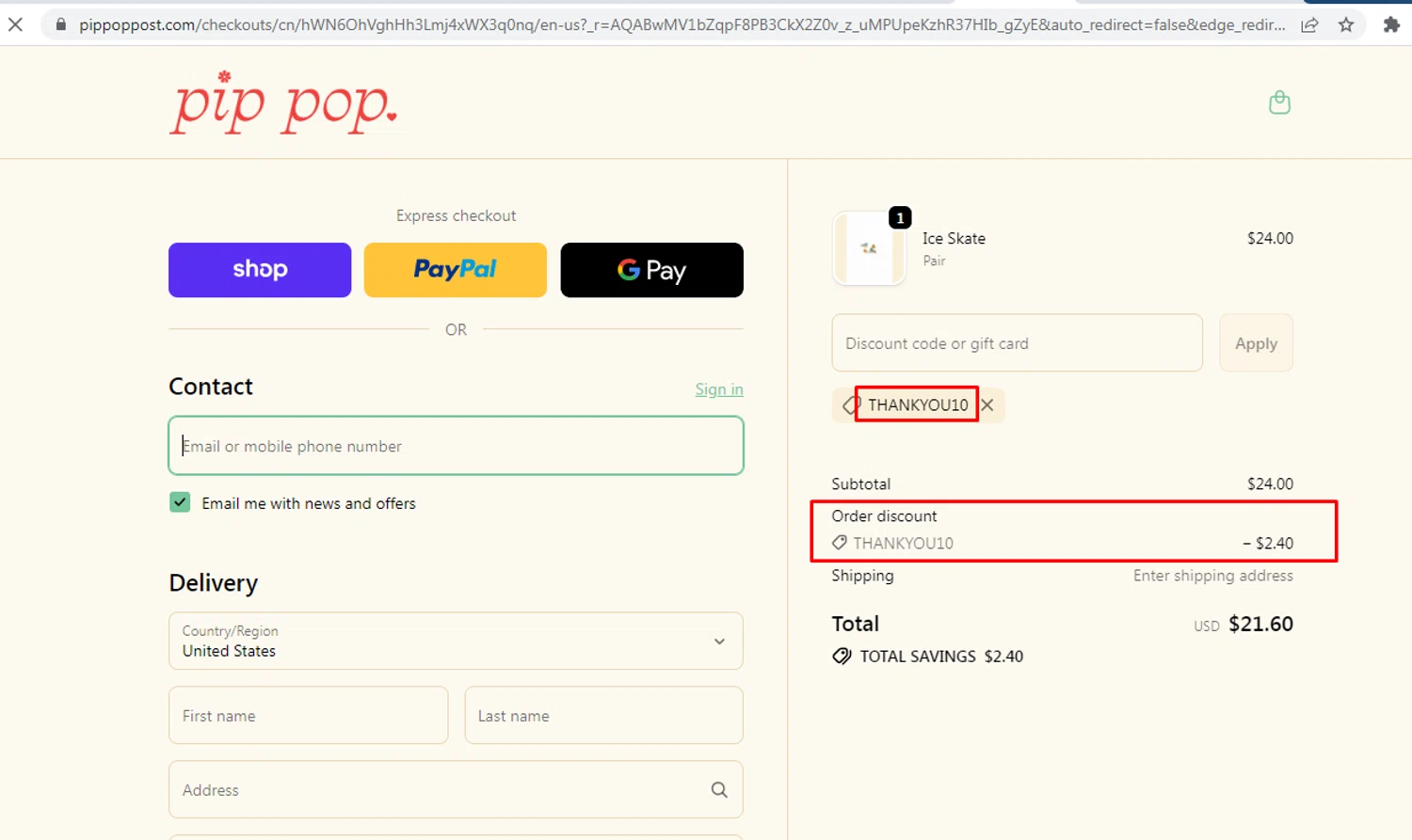 Pip Pop Post coupon code screenshot showing code THANKYOU10 applied at Pip Pop Post checkout page. Uploaded by SimplyCodes community member nileskamarcano on Dec 13, 2025