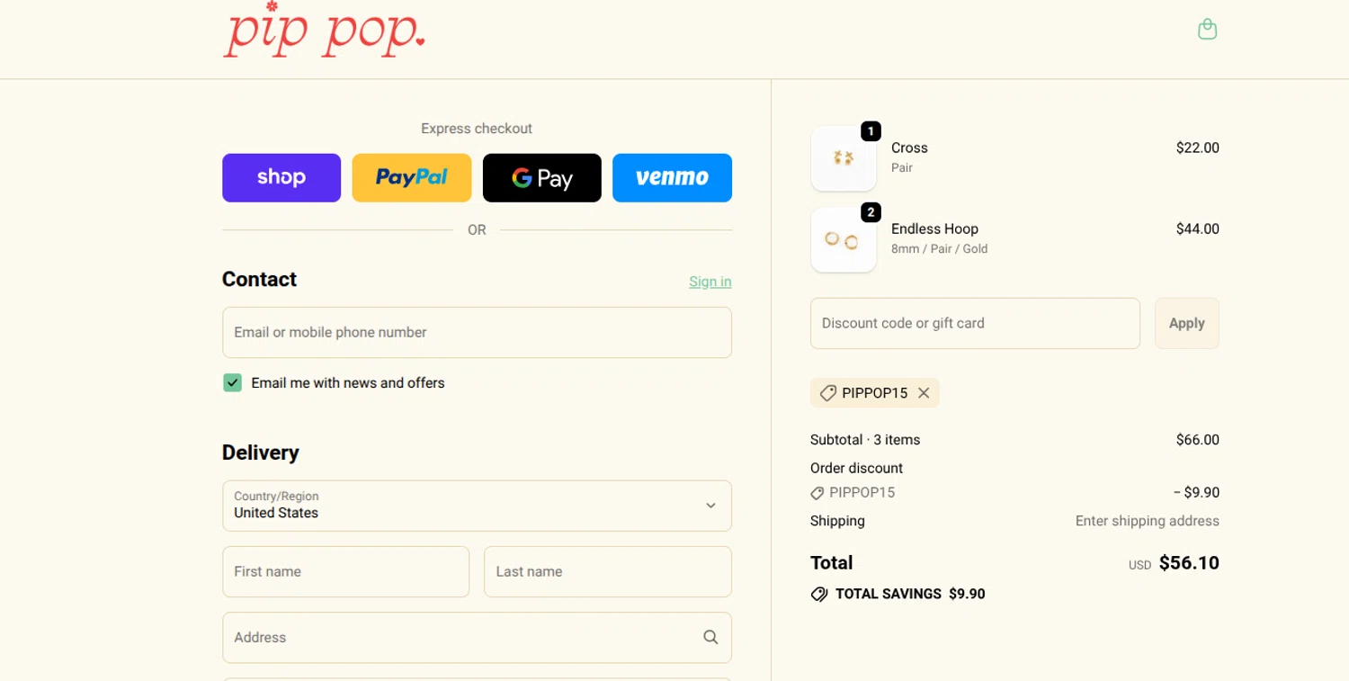 Pip Pop Post coupon code screenshot showing code PIPPOP15 applied at Pip Pop Post checkout page. Uploaded by SimplyCodes community member reimalave10 on Dec 3, 2025